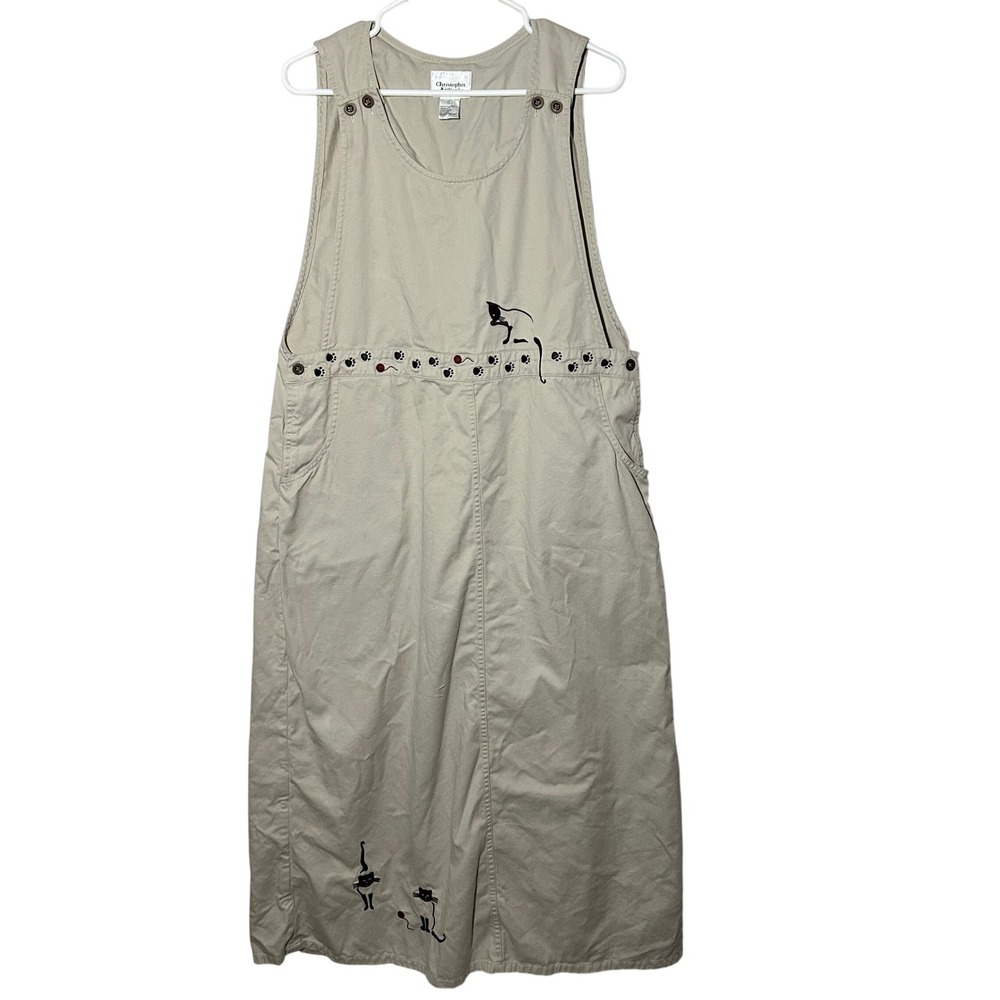 Vintage 90s Christopher Banks Cat Embroidered Jumper Maxi Dress Tan Womens L